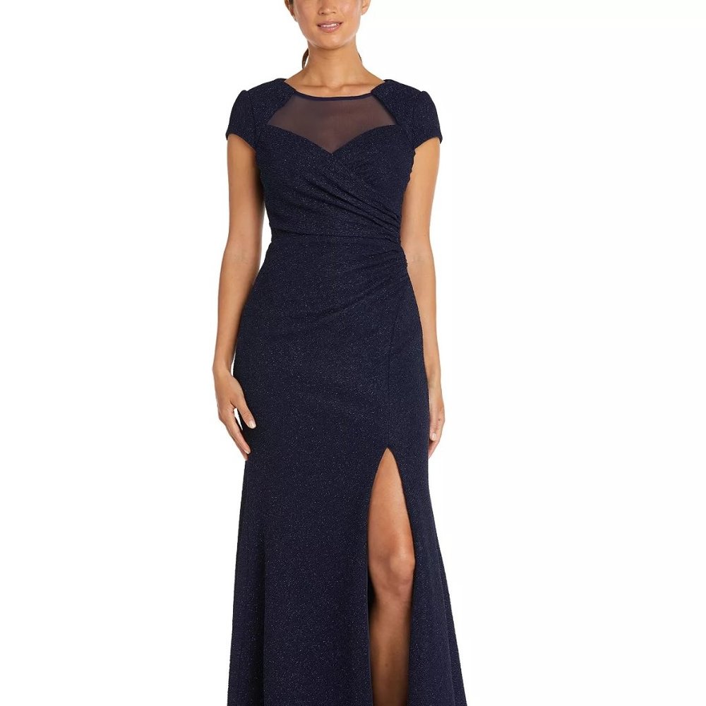 NIGHTWAY Petite Cap-Sleeve Illusion Gown Navy Size 12P
